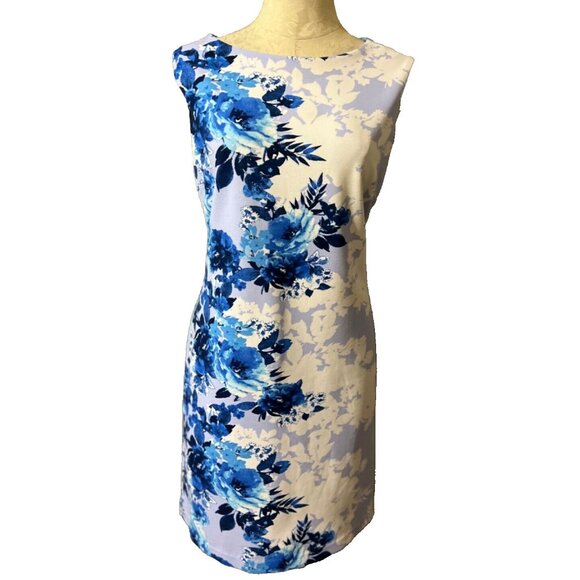 Donna Ricco Dresses & Skirts - Donna Ricco Dress Blue White 10 Floral Stretch Sheath Washable Sleeveless